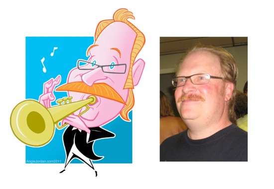 Trumpet player digital cartoon design by Angie Jordan